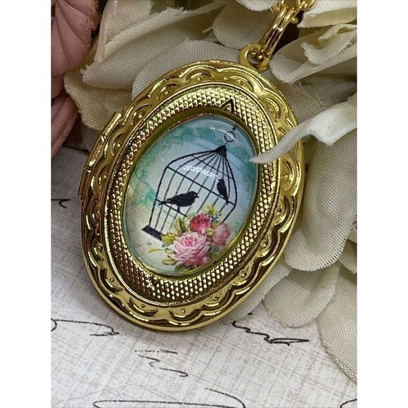 Bright Gold Bird Cage Victorian Locket Necklace Pendant Wedding Mother's day - Picture 1 of 15